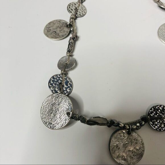 Silver Hammered Disc Beaded Double Layer Necklace Ribbon Tie - Picture 2 of 6